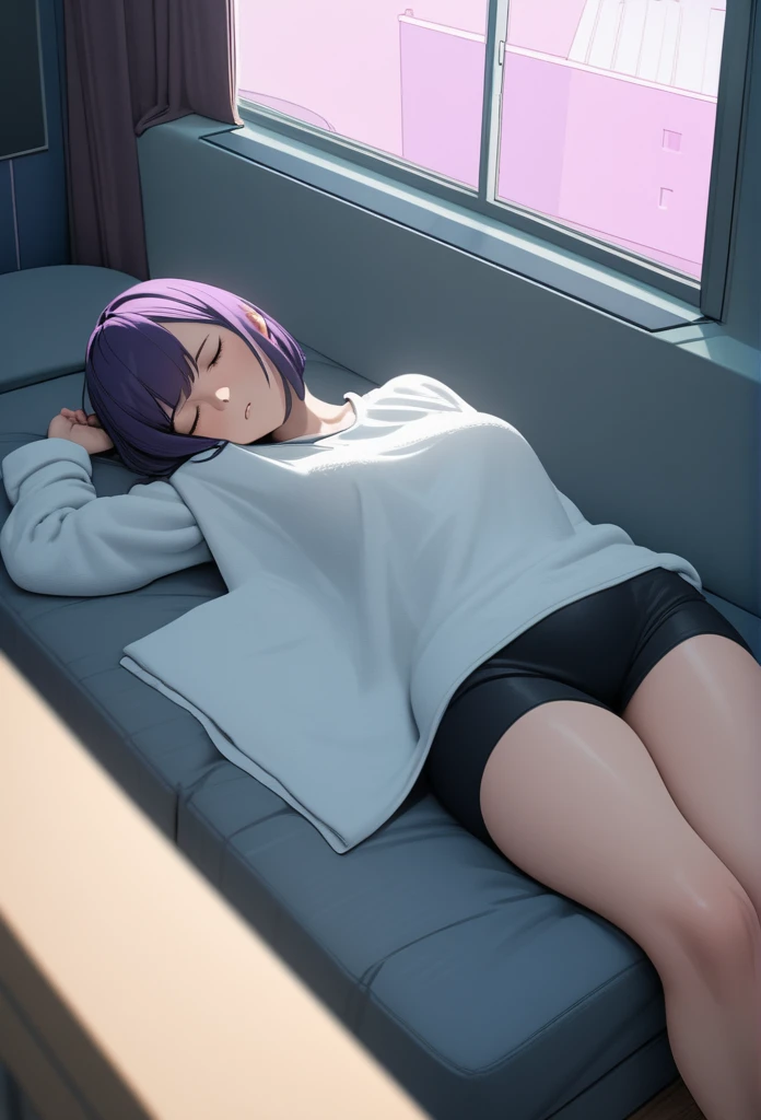 Adult Female, Black purple hair, slanted bob haircut, phlegmatic, stoic expression, cyberpunk apartment, sleeping, baggy clothes, slob, highly detailed, high quality, perfect quality, 8k, cleaning with towel