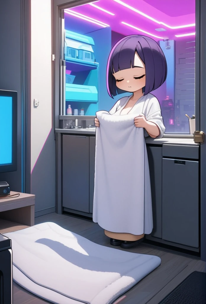 Adult Female, Black purple hair, slanted bob haircut, phlegmatic, stoic expression, cyberpunk apartment, sleeping, baggy clothes, slob, highly detailed, high quality, perfect quality, 8k, cleaning with towel