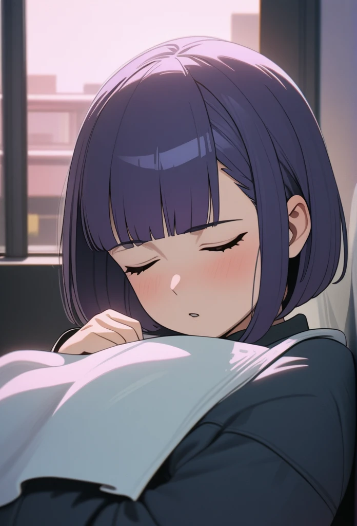 Adult Female, Black purple hair, slanted bob haircut, phlegmatic, stoic expression, cyberpunk apartment, sleeping, baggy clothes, slob, highly detailed, high quality, perfect quality, 8k, cleaning with towel