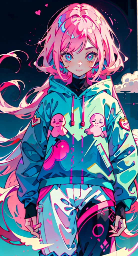 Girl with long pink hair, cute, Cool pose, Selfie, masterpiece, Very detailed, Highest quality, Sharp focus, Soft lighting, Limited color palette, pastel colour, cute, ((cute)), Dark Skin,
(Panchen: 1.3), smile, alone,
Dark brown hoodie, Blue shorts,
Pink Eyes, (Pink Hair: 0.6), (Blue Hair: 0.8), (Gradient Hair: 0.6), short hair, Bratis