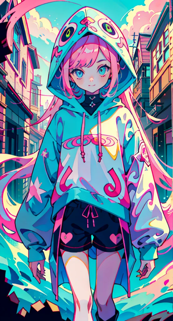 Girl with long pink hair, cute, Cool pose, Selfie, masterpiece, Very detailed, Highest quality, Sharp focus, Soft lighting, Limited color palette, pastel colour, cute, ((cute)), Dark Skin,
(Panchen: 1.3), smile, alone,
Dark brown hoodie, Blue shorts,
Pink Eyes, (Pink Hair: 0.6), (Blue Hair: 0.8), (Gradient Hair: 0.6), short hair, Bratis