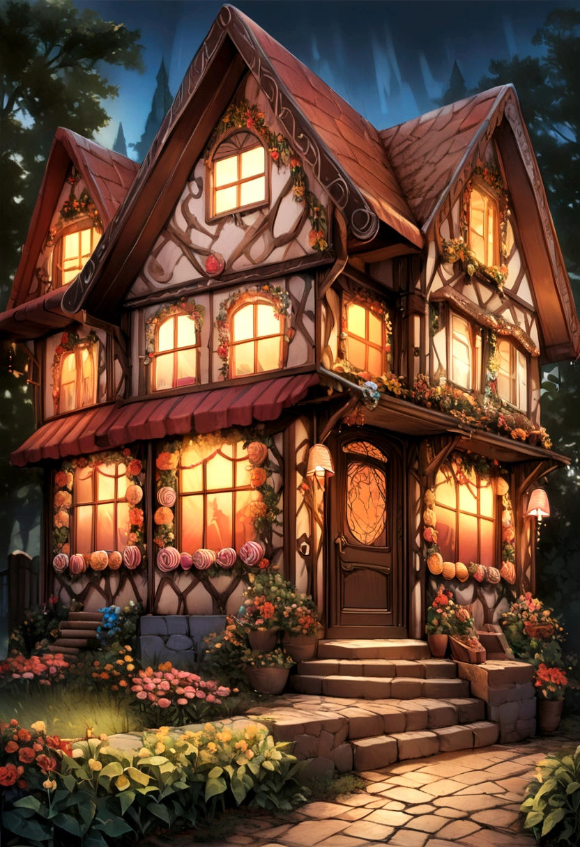 [
    "(Award-winning masterpiece:1.5), (incredible detail), (hyper realistic:1.4), (gingerbread house:1.7), (candy house from Hansel and Gretel), (detailed candy decorations), (colorful and whimsical), (chocolate roof), (gumdrop shingles), (lollipop garden), (candy cane pillars), (frosting icicles), (licorice window frames), (gummy bear pathway), (marshmallow chimney), (detailed and intricate:1.1), (fantasy setting), (bright and vibrant colors), (storybook illustration), (high quality, high saturation, high detail)"
]