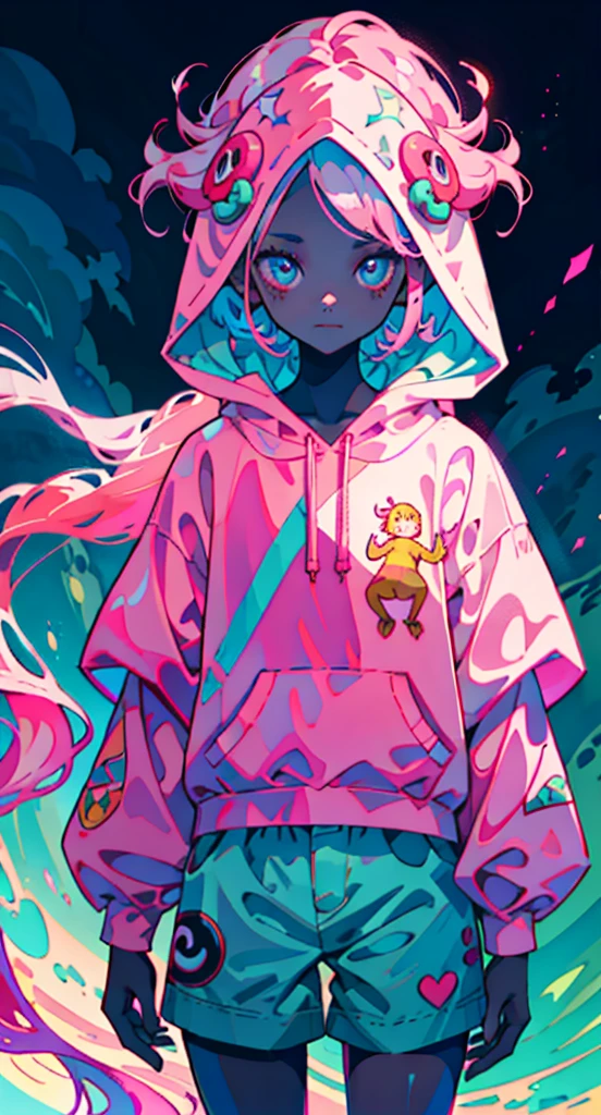 Girl with long pink hair, cute, Cool pose, Selfie, masterpiece, Very detailed, Highest quality, Sharp focus, Soft lighting, Limited color palette, pastel colour, cute, ((cute)), Dark Skin,
(Panchen: 1.3), smile, alone,
Dark brown hoodie, Blue shorts,
Pink Eyes, (Pink Hair: 0.6), (Blue Hair: 0.8), (Gradient Hair: 0.6), short hair, Bratis