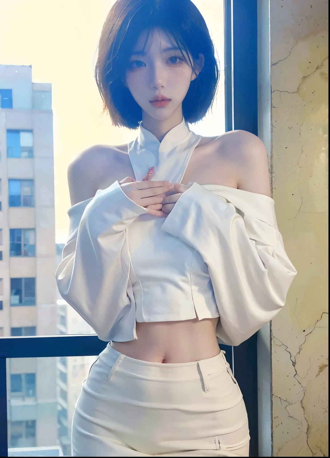 Beautiful woman with perfect figure:1.4,Ultra-high resolution,Put your hands behind your back,Snow background,(Realism:1.4),perspective,Layered hairstyle,Snow white skin,JK:1.5,Super short pleated skirt,whole body:1.4,Very delicate and skin texture,Double eyelids,Skin Whitening,Long hair,White hair