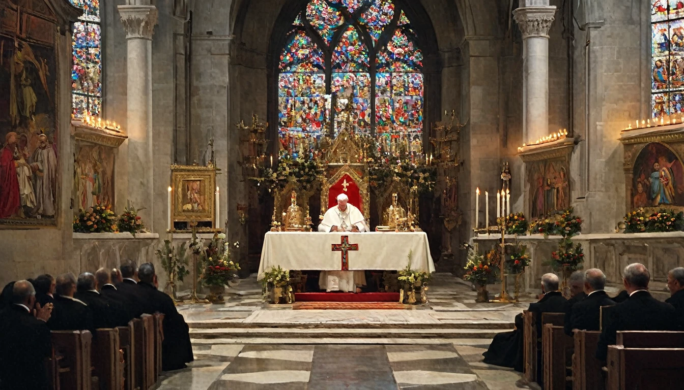 An altar in a church with medieval decorations, where the popes and cardinals are meeting in council. In the center, the pope in an attitude of mediation, flanked by cardinals. On the sides, soldiers and representatives of both sides (France and England) in positions of conflict or negotiation. The altar is adorned with lit candles, golden crosses and talismans scattered around. The church is decorated with intricate architectural details and colorful stained glass windows that let in soft light. The expression of the characters reflects the tension of the moment, with the pope trying to keep the peace and the soldiers and representatives showing determination and distrust. The atmosphere is solemn and loaded with expectations, capturing a crucial moment of mediation and diplomacy in the Middle Ages., Surrealism, Hyperrealism, Impressionism, wide shot, UHD, retina, masterpiece, accurate, anatomically correct, textured skin, super detail, award winning, 8k