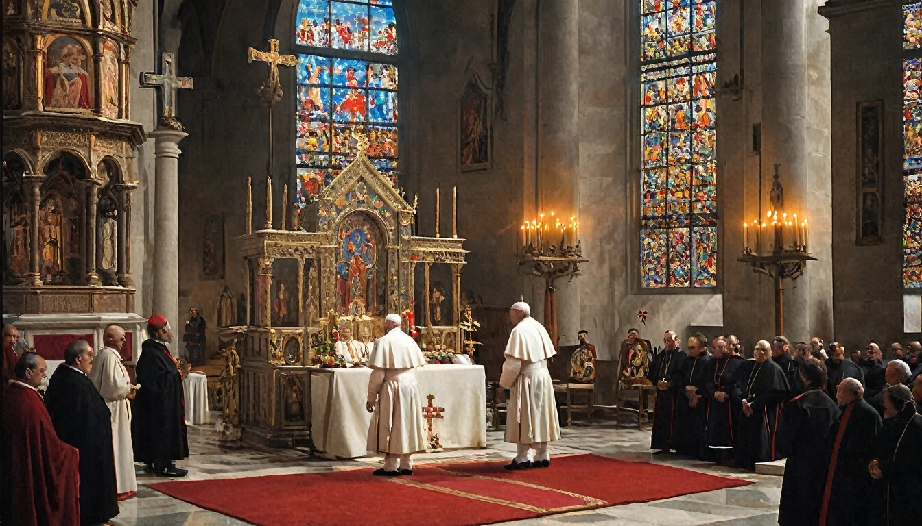 An altar in a church with medieval decorations, where the popes and cardinals are meeting in council. In the center, the pope in an attitude of mediation, flanked by cardinals. On the sides, soldiers and representatives of both sides (France and England) in positions of conflict or negotiation. The altar is adorned with lit candles, golden crosses and talismans scattered around. The church is decorated with intricate architectural details and colorful stained glass windows that let in soft light. The expression of the characters reflects the tension of the moment, with the pope trying to keep the peace and the soldiers and representatives showing determination and distrust. The atmosphere is solemn and loaded with expectations, capturing a crucial moment of mediation and diplomacy in the Middle Ages., Surrealism, Hyperrealism, Impressionism, wide shot, UHD, retina, masterpiece, accurate, anatomically correct, textured skin, super detail, award winning, 8k