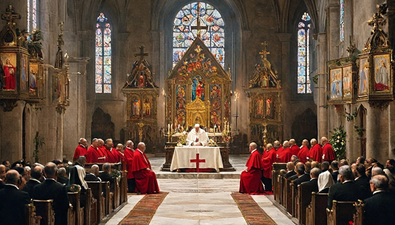 An altar in a church with medieval decorations, where the popes and cardinals are meeting in council. In the center, the pope in an attitude of mediation, flanked by cardinals. On the sides, soldiers and representatives of both sides (France and England) in positions of conflict or negotiation. The altar is adorned with lit candles, golden crosses and talismans scattered around. The church is decorated with intricate architectural details and colorful stained glass windows that let in soft light. The expression of the characters reflects the tension of the moment, with the pope trying to keep the peace and the soldiers and representatives showing determination and distrust. The atmosphere is solemn and loaded with expectations, capturing a crucial moment of mediation and diplomacy in the Middle Ages., Surrealism, Hyperrealism, Impressionism, wide shot, UHD, retina, masterpiece, accurate, anatomically correct, textured skin, super detail, award winning, 8k
