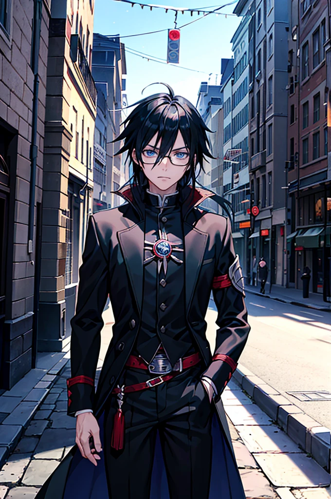 young man, magician, long black hair, blue eyes, wears glasses, wears black magician clothes, hair like Sasuke Uchiha's, cold personality. Manly, medieval city background, adventurous magician.
