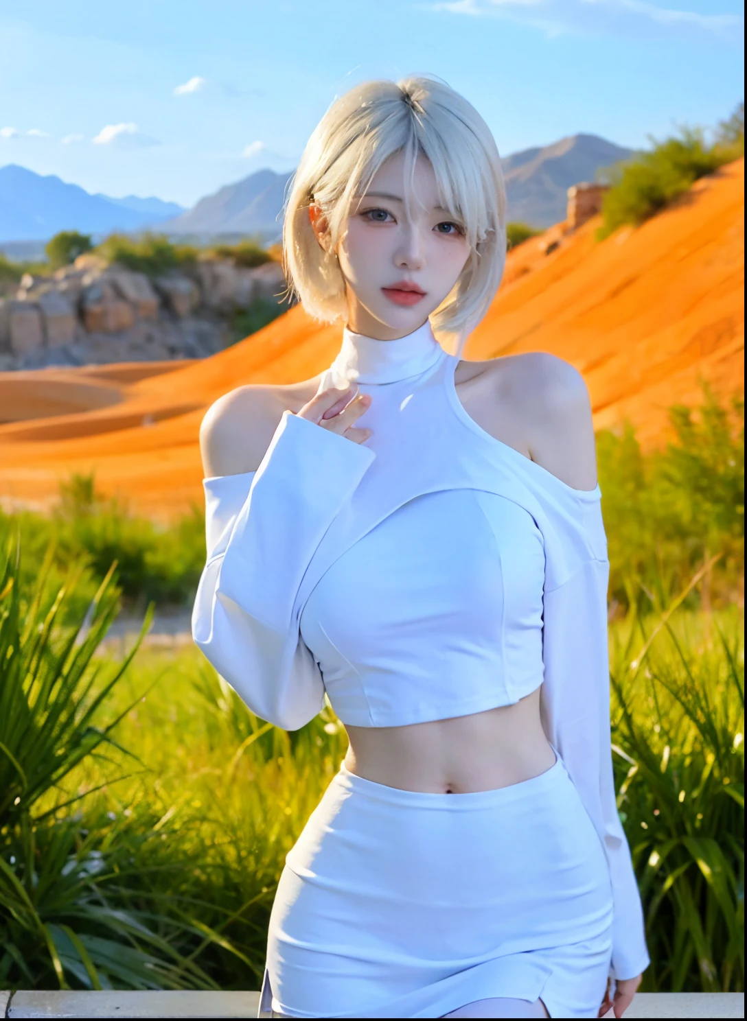 Beautiful woman with perfect figure:1.4,Desert Background,Desert Background,Ultra-high resolution,Seductive laughter,wear glasses,(lifelike:1.4),Layered Hairstyle,White皮肤,Super short pleated skirt,whole body,Very delicate face and skin texture,Double eyelids,Skin Whitening,Long hair,White hair,White,
