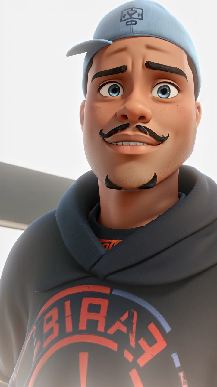 young man with dark skin, black, slanted eyes, mustache and backwards cap blue