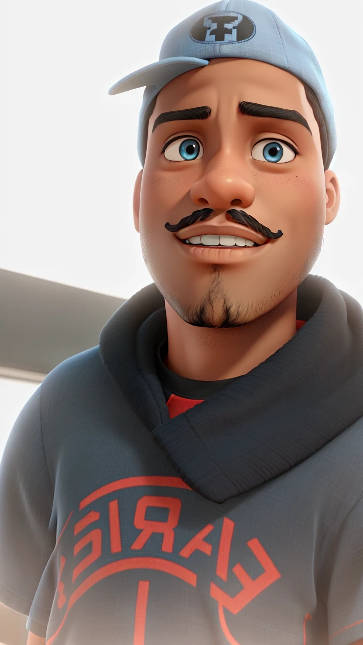 young man with dark skin, black, slanted eyes, mustache and backwards cap blue