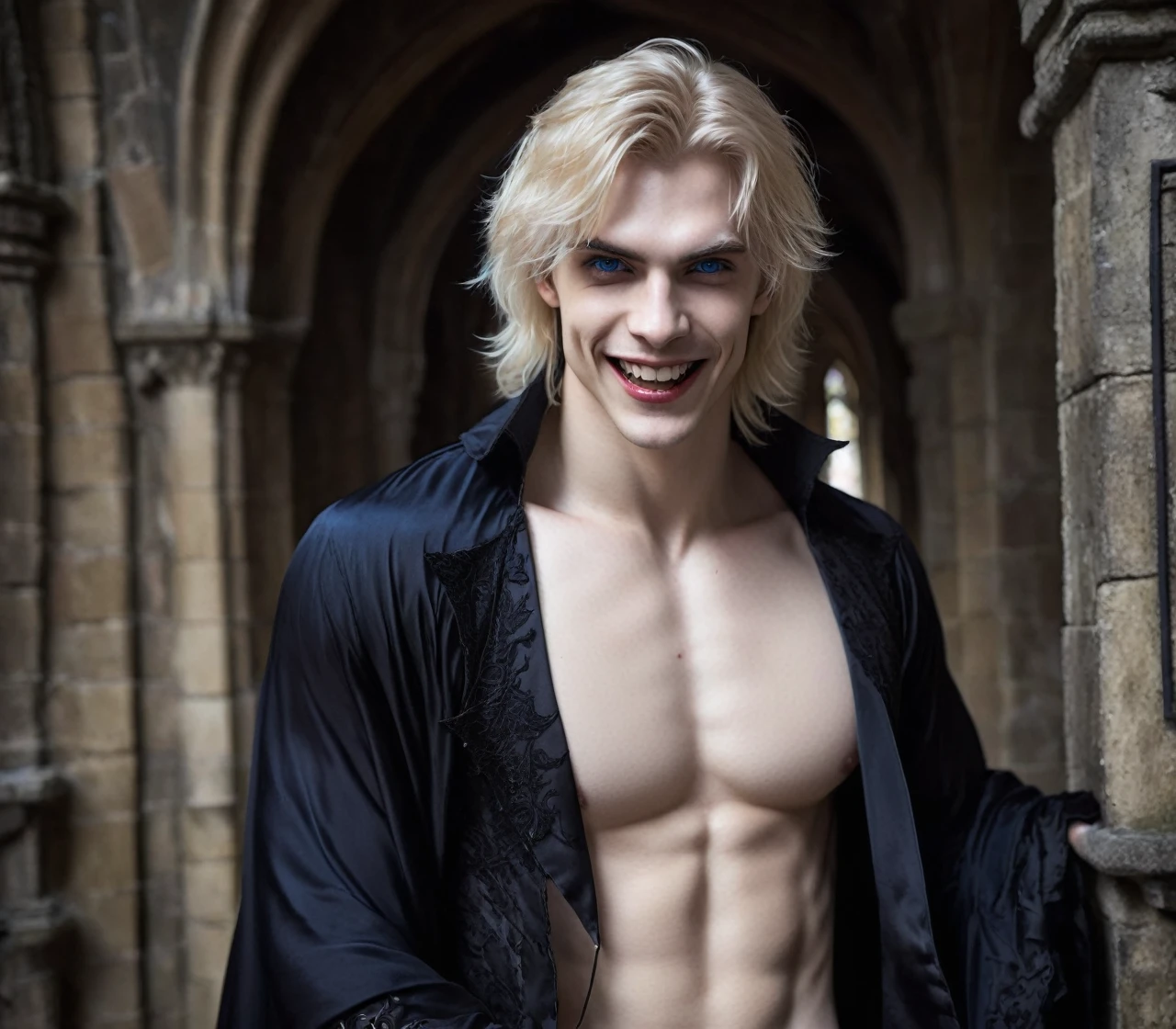 Muscular vampire boy, smiling mischievously revealing fangs, pale skin, blue eyes, medium blond hair, half naked, in a dark gothic castle