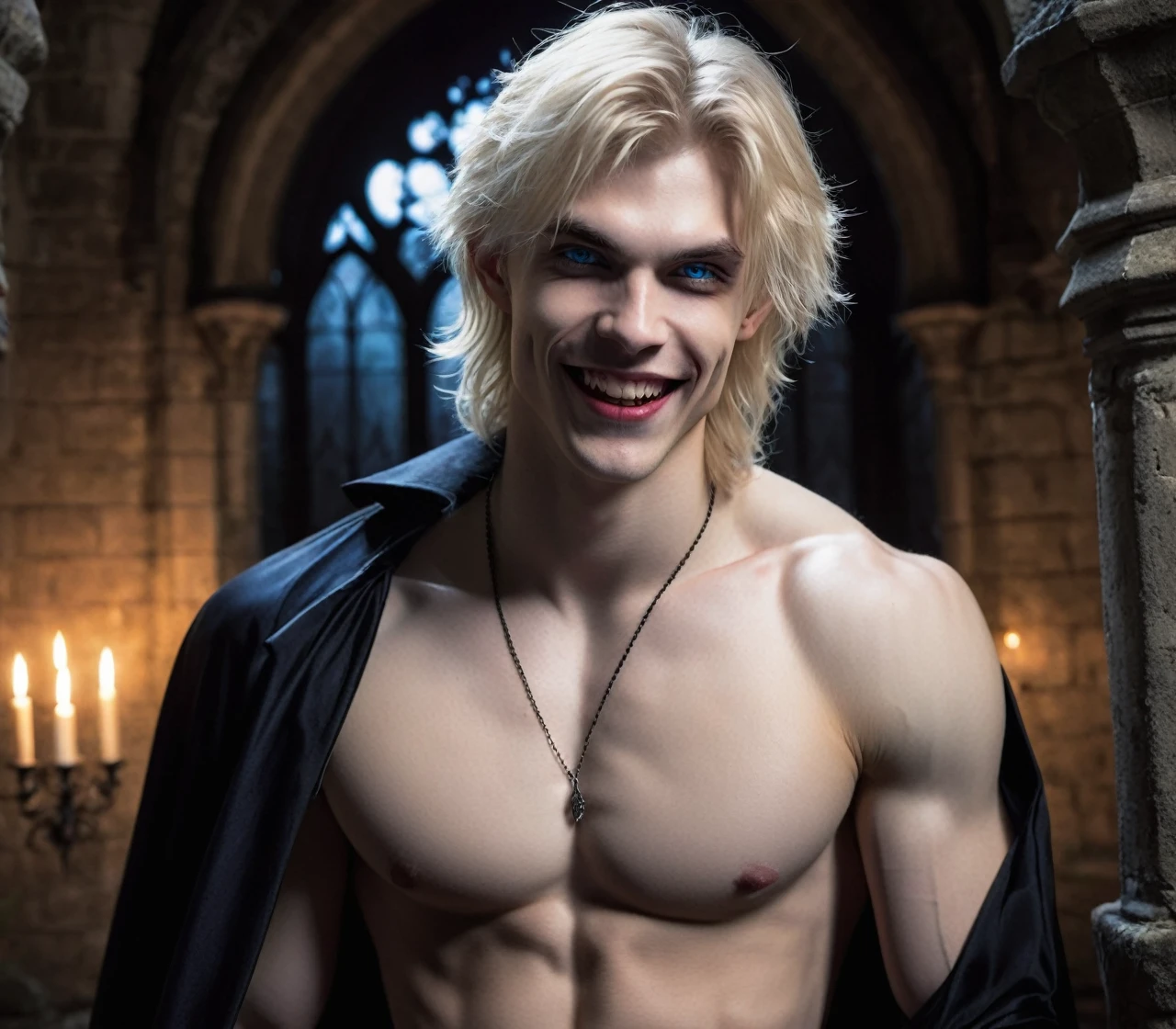 Muscular vampire boy, smiling mischievously revealing fangs, pale skin, blue eyes, medium blond hair, half naked, in a dark gothic castle