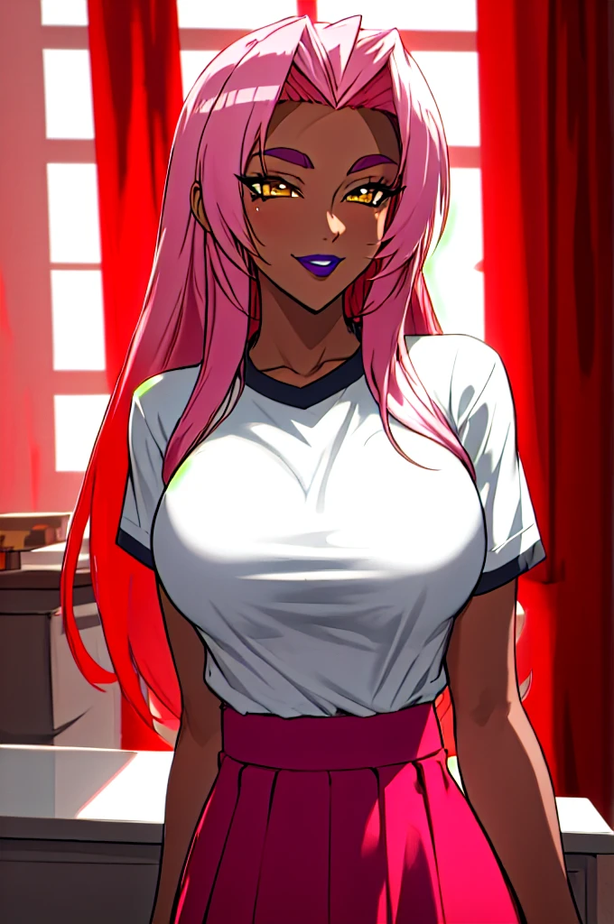 ultra detailed, sharp focus, best quality, masterpiece, colorful, high contrast, dynamic lighting, intricate details, hkIngrid, dark skin, purple lipstick, wide smile, hands on cheeks, happy, squeeling, long skirt, t-shirt,