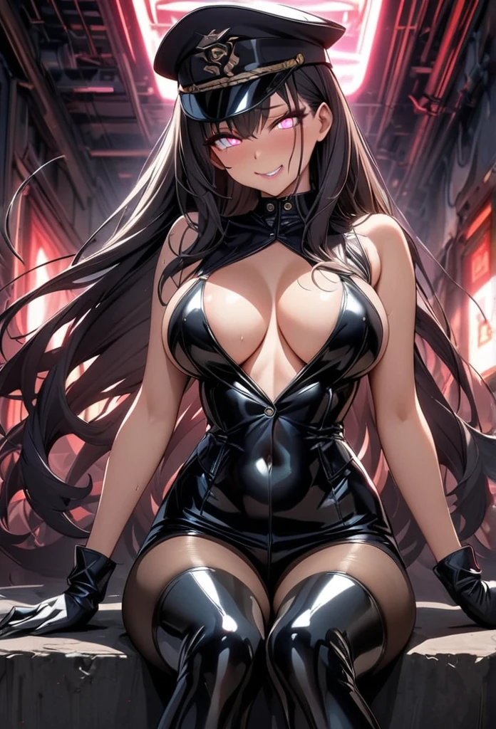 masterpiece, best quality, 1lady,black hair,long hair,glowing eyes, (finely detailed empty pupils and detailed face),,,,extremely detailed picture unity 8k wallpaper,solo,(latex military costume:0.9),large breasts,seductive smile,military hat,latex thighhigh,large breasts,black hair,pink eyes,black leotard,pantyhose,no sleeve,enamel suits,grossy lips,sitting,bust shot,sadistic smile,,heel,