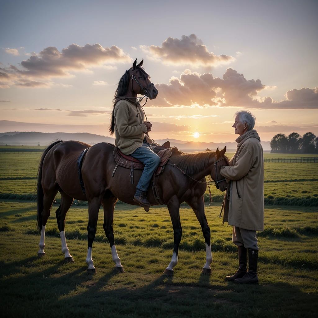 Elderly nomad with horse on a farm at sunrise