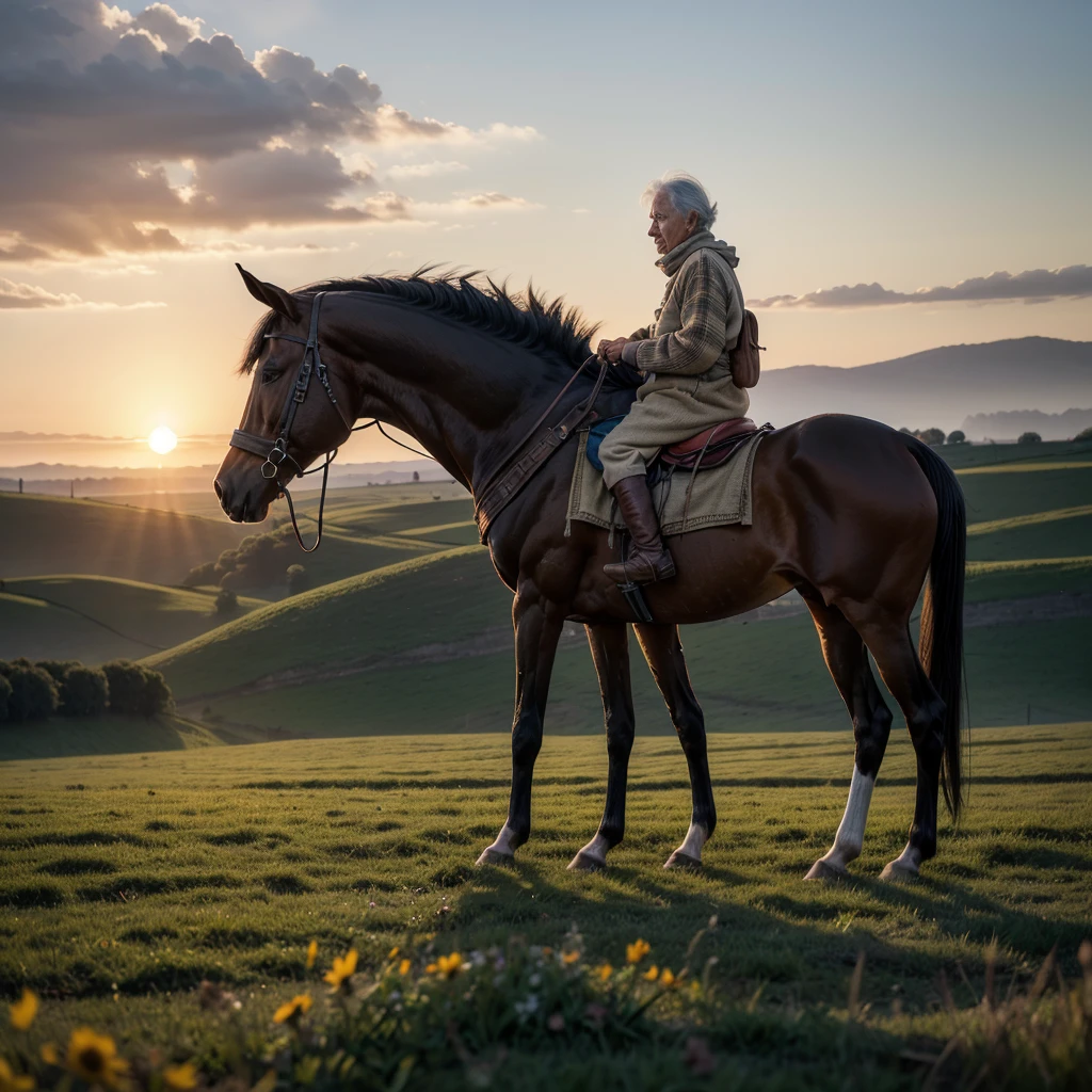 Elderly nomad with horse on a farm at sunrise