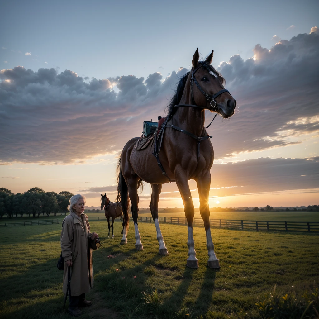 Elderly nomad with horse on a farm at sunrise