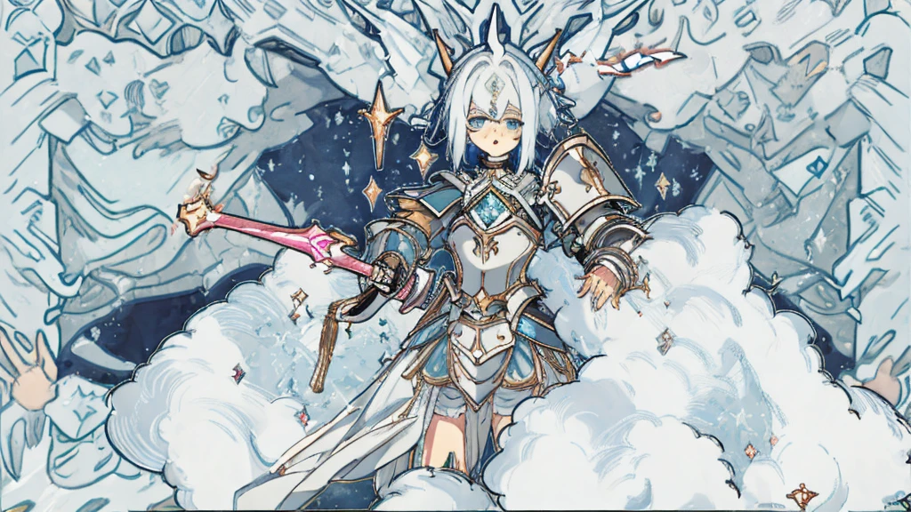 a minecraft background showing mountains and a dungeon. In the middle, a minecraft avatar with bright blue diamond armor in heroic pose, Looking forward. In a corner, a trapped pink sheep, with an expression of concern. Add glitter and sparkles to the armor, and arrows that guide the eye towards the sheep. Includes light and shadow effects for depth, with luminous borders around the avatar and sheep to stand out.