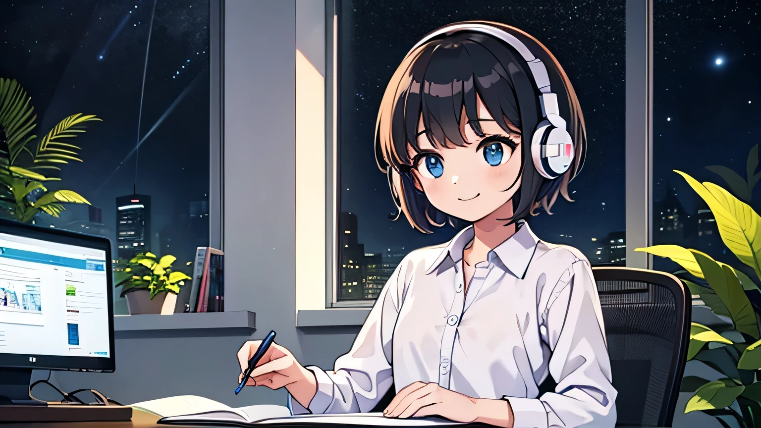 1girl, solo, blue eyes, (detailed eyes), flat chest, short hair, black hair, upper body, gentle smile on her face, wearing a white dress shirt , sitting up straight((masterpiece, illustration, best quality)) Rainy Night a cute girl sitting at her desk studying with papers besides and listening to music with headphones and typing her computer on her desk with beautiful candles on her desk and plants at background its beautiful night view