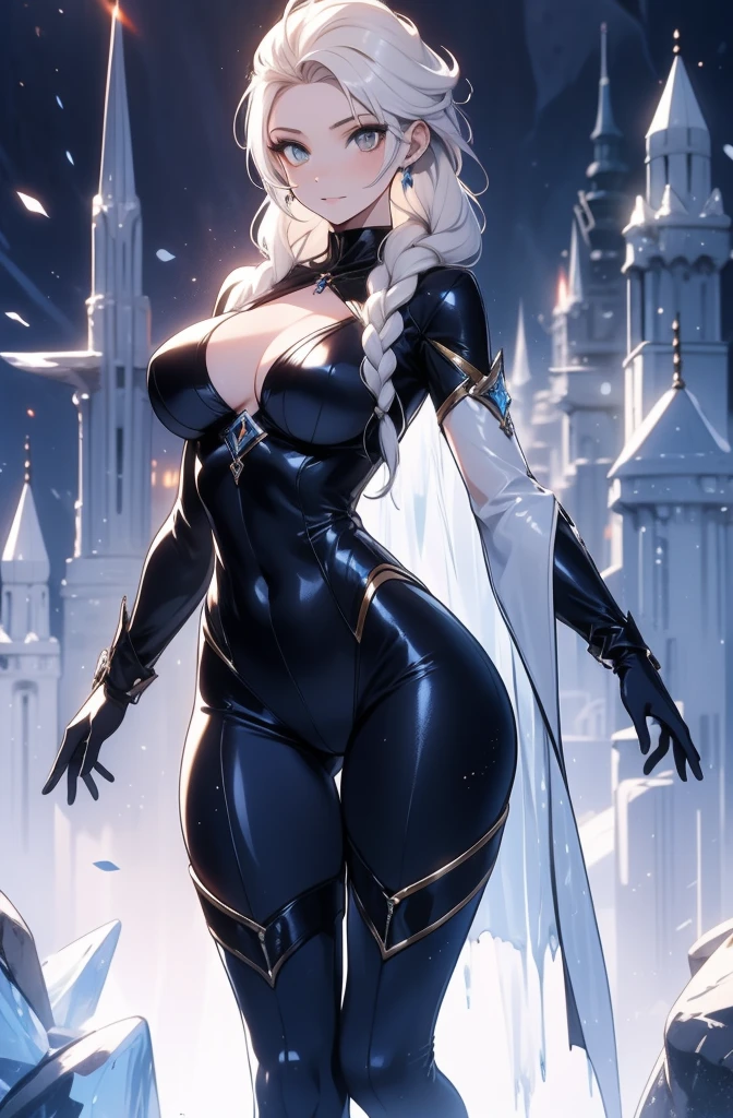 female, solo, young, sexy body, voluptuous figure, tightsuit, white hair, decolored blonde hair, ice effects around, ice queen, beautifull face, long hair, defined body, yellow and bright eyes, thick legs, strong legs, tall, Voluptuous legs, huge ass, big hip, big ass, female sorcerer, blue and black robes,