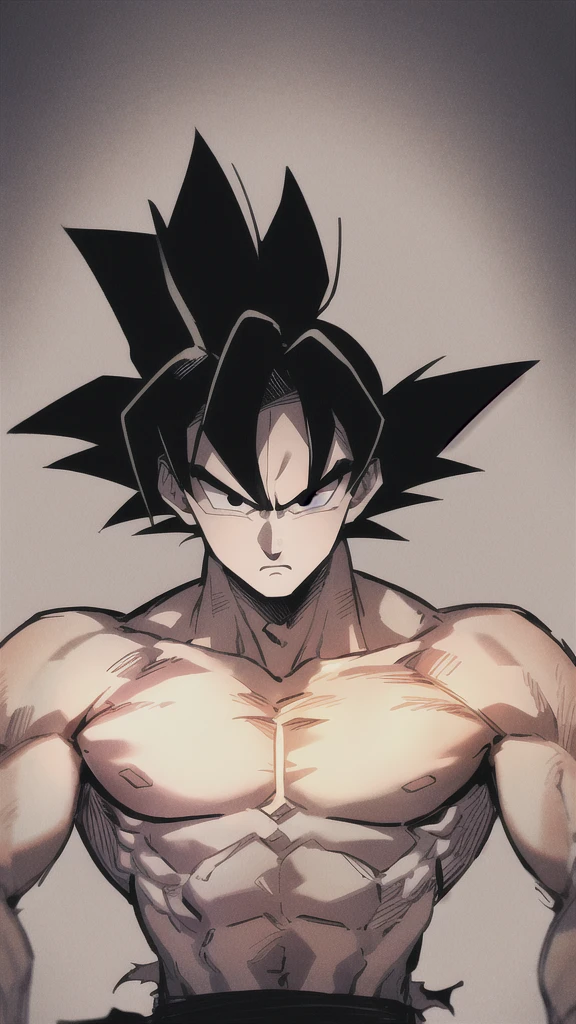 son goku, 1boy, closed mouth, male focus, muscular, muscular male, rock, sash, serious, solo, spiked hair, topless male, torn clothes, ultra instinct, black eyes, black hair, ((masterpiece))