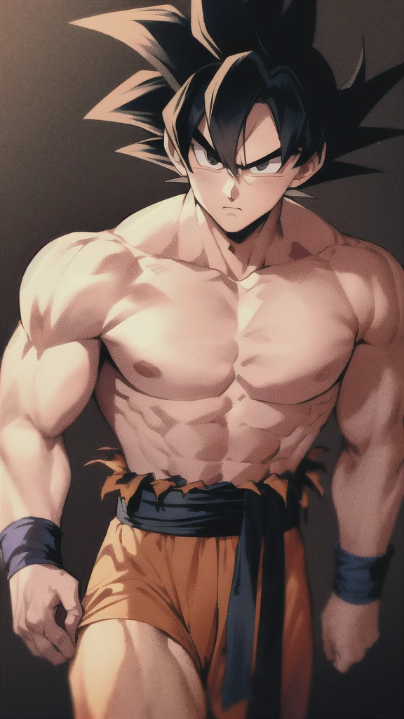 son goku, 1boy, closed mouth, male focus, muscular, muscular male, rock, sash, serious, solo, spiked hair, topless male, torn clothes, ultra instinct, black eyes, black hair, ((masterpiece)) 