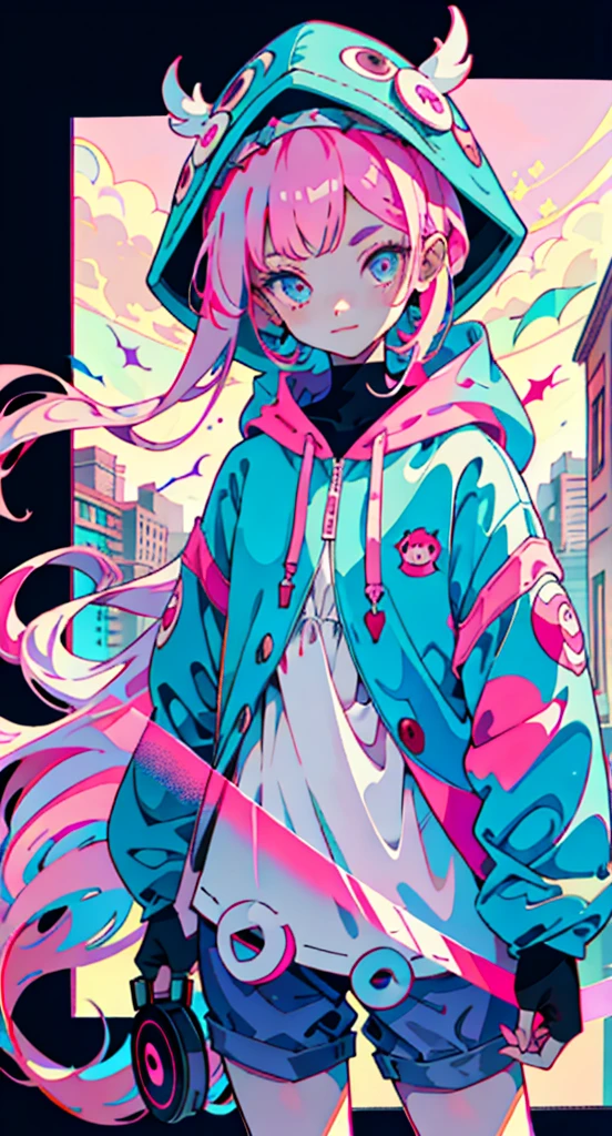 Girl with long pink hair, cute, Cool pose, Selfie, masterpiece, Very detailed, Highest quality, Sharp focus, Soft lighting, Limited color palette, pastel colour, cute, ((cute)), Dark Skin,
(Panchen: 1.3), smile, alone,
Dark brown hoodie, Blue shorts,
Pink Eyes, (Pink Hair: 0.6), (Blue Hair: 0.8), (Gradient Hair: 0.6), short hair, Bratis