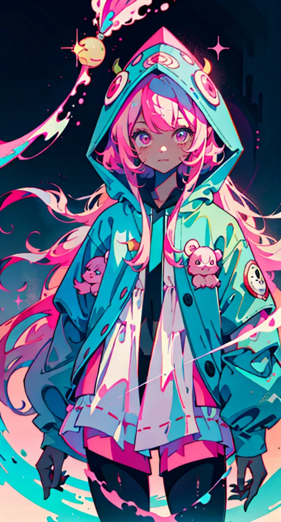 Girl with long pink hair, cute, Cool pose, Selfie, masterpiece, Very detailed, Highest quality, Sharp focus, Soft lighting, Limited color palette, pastel colour, cute, ((cute)), Dark Skin,
(Panchen: 1.3), smile, alone,
Dark brown hoodie, Blue shorts,
Pink Eyes, (Pink Hair: 0.6), (Blue Hair: 0.8), (Gradient Hair: 0.6), short hair, Bratis
