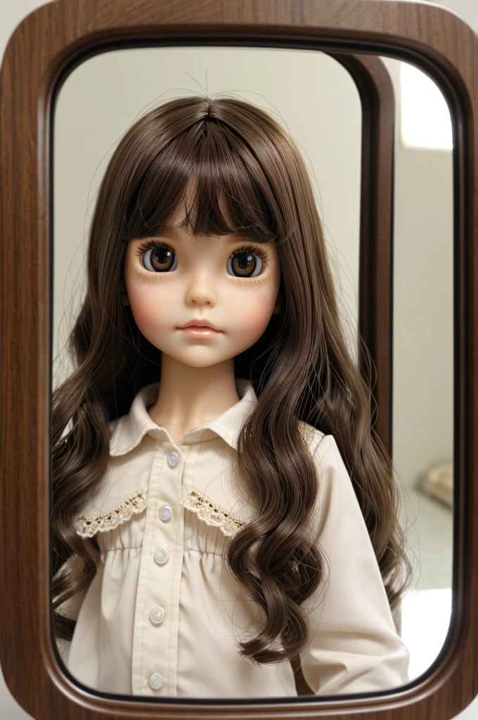 Blythe doll girl brown wavy hair dark brown eyes pale skin black longsleeve shirt birthmark on neck mirror picture iphone camera