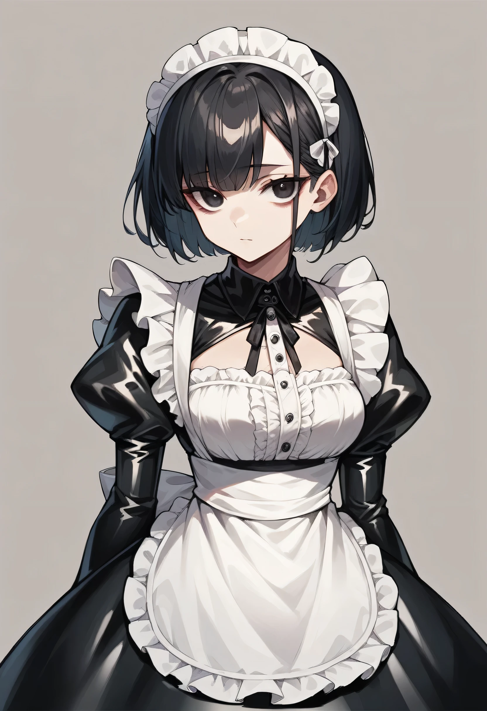 A woman wearing a rubber maid outfit that stretches from her neck to her chest Invisible skin design Designed to cover the chest and neck Frilled shirt Black Hair Bob Hair Make your eyes a little bigger
