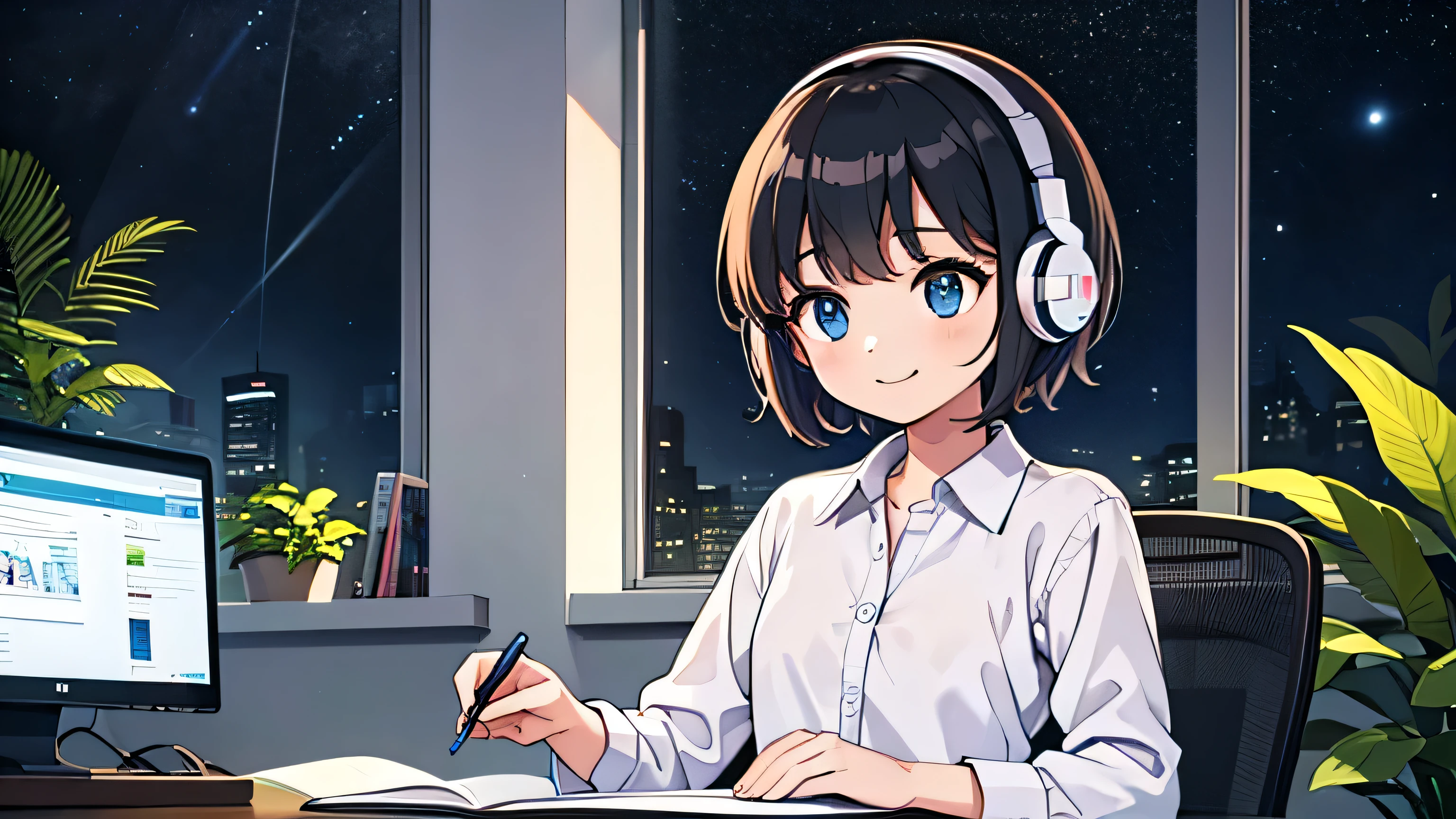 1girl, solo, blue eyes, (detailed eyes), flat chest, short hair, black hair, upper body, gentle smile on her face, wearing a white dress shirt , sitting up straight((masterpiece, illustration, best quality)) Rainy Night a cute girl sitting at her desk studying with papers besides and listening to music with headphones and typing her computer on her desk with beautiful candles on her desk and plants at background its beautiful night view