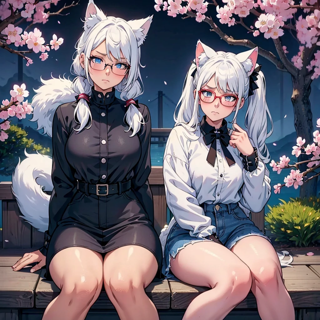 anime girl, white hair pigtails, black ribbons, blushing, blue glowing eyes, white cat ears, 8k, high res, full body, 1 girl, good lighting, fine detail, fur jacket, blue jeans, glasses, red glove on right hand, (masterpiece), perfect face, best quality, looking at view, front pov, sitting, cherry blossoms