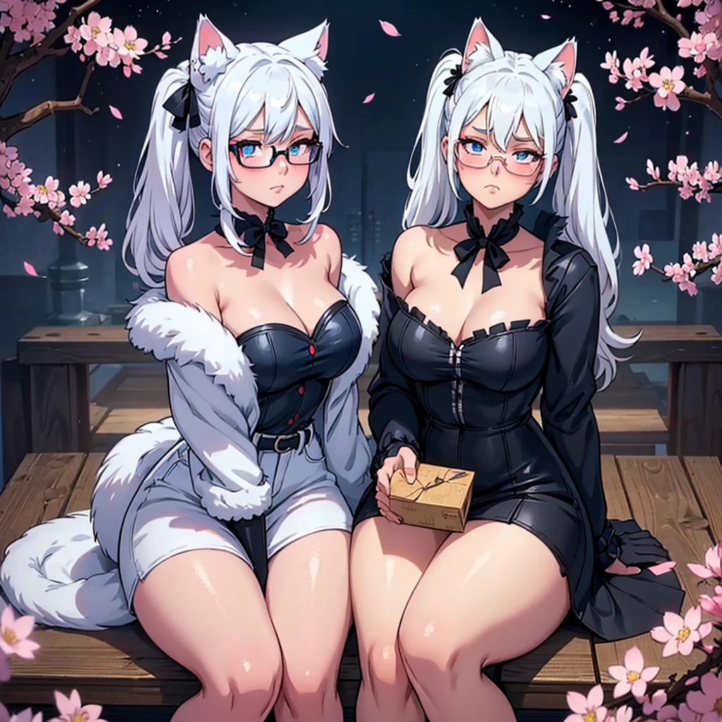 anime girl, white hair pigtails, black ribbons, blushing, blue glowing eyes, white cat ears, 8k, high res, full body, 1 girl, good lighting, fine detail, fur jacket, blue jeans, glasses, red glove on right hand, (masterpiece), perfect face, best quality, looking at view, front pov, sitting, cherry blossoms