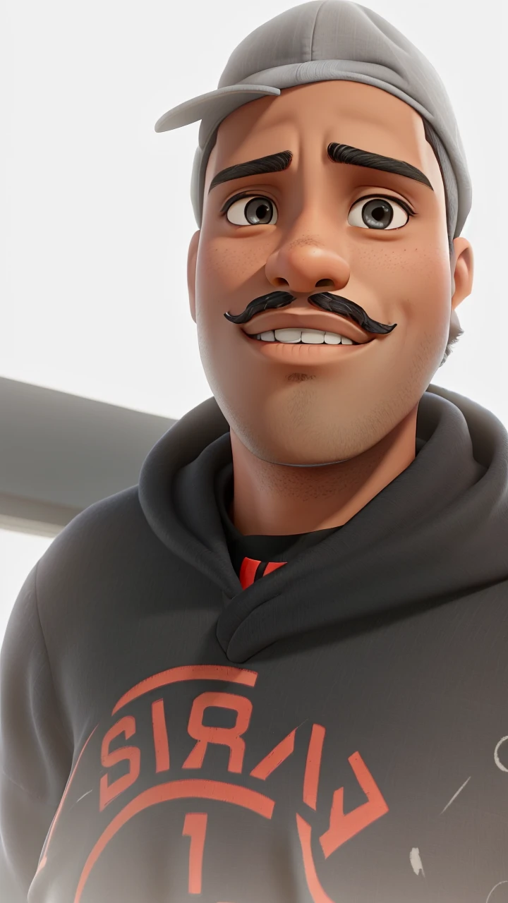 young man with dark skin, black, slanted eyes, mustache and backwards cap black