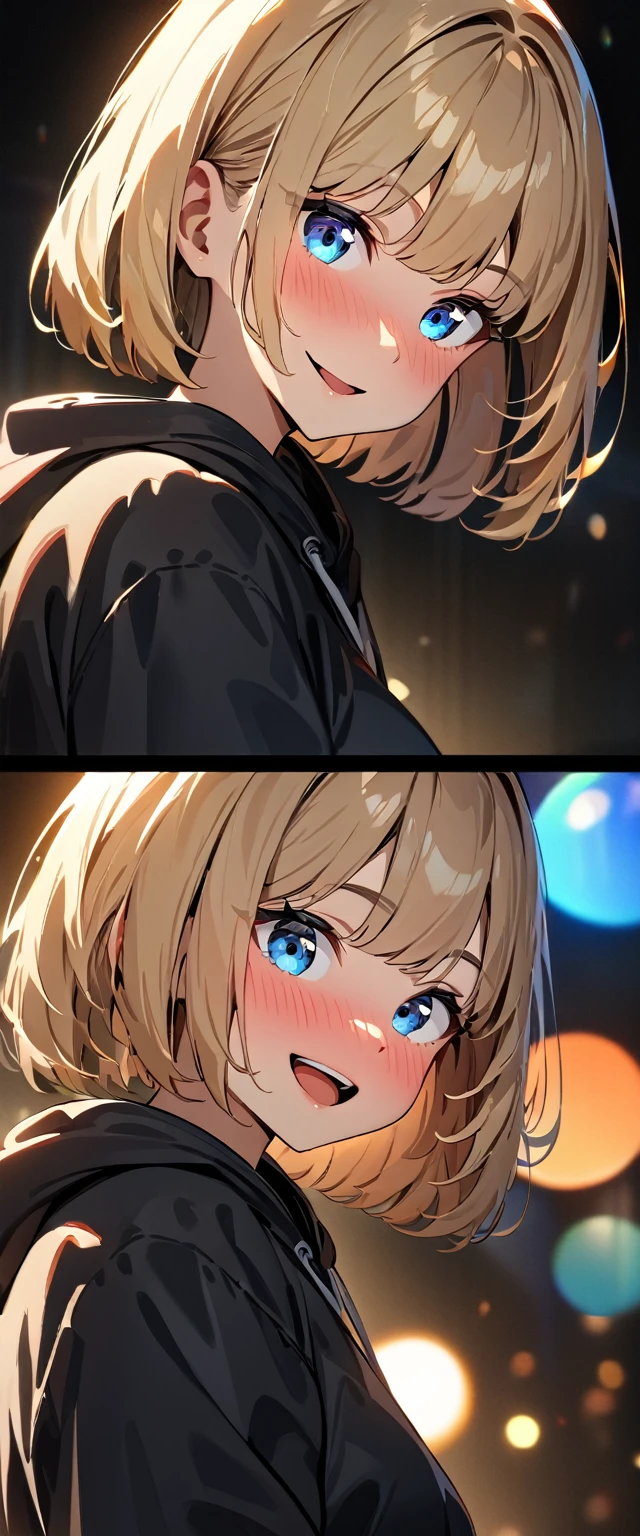 (((One girl))), blond hair, bob cut, (upper body), (looking at viewer), breasts, ager, head tilt:1.3, (((blue eye))), (from side), hand in pocket, ((happy smile)), ((full face blush)), tongue out:1.3, open mouth, black hoodie, black shorts, anime style, (best quality, 4k, 8k, highres, masterpiece:1.2, ultra-detailed, ultra-detailed eyes, HDR, UHD, studio lighting, ultra-fine painting, sharp focus, physically-based rendering, extreme detail description, professional, vivid colors, bokeh)