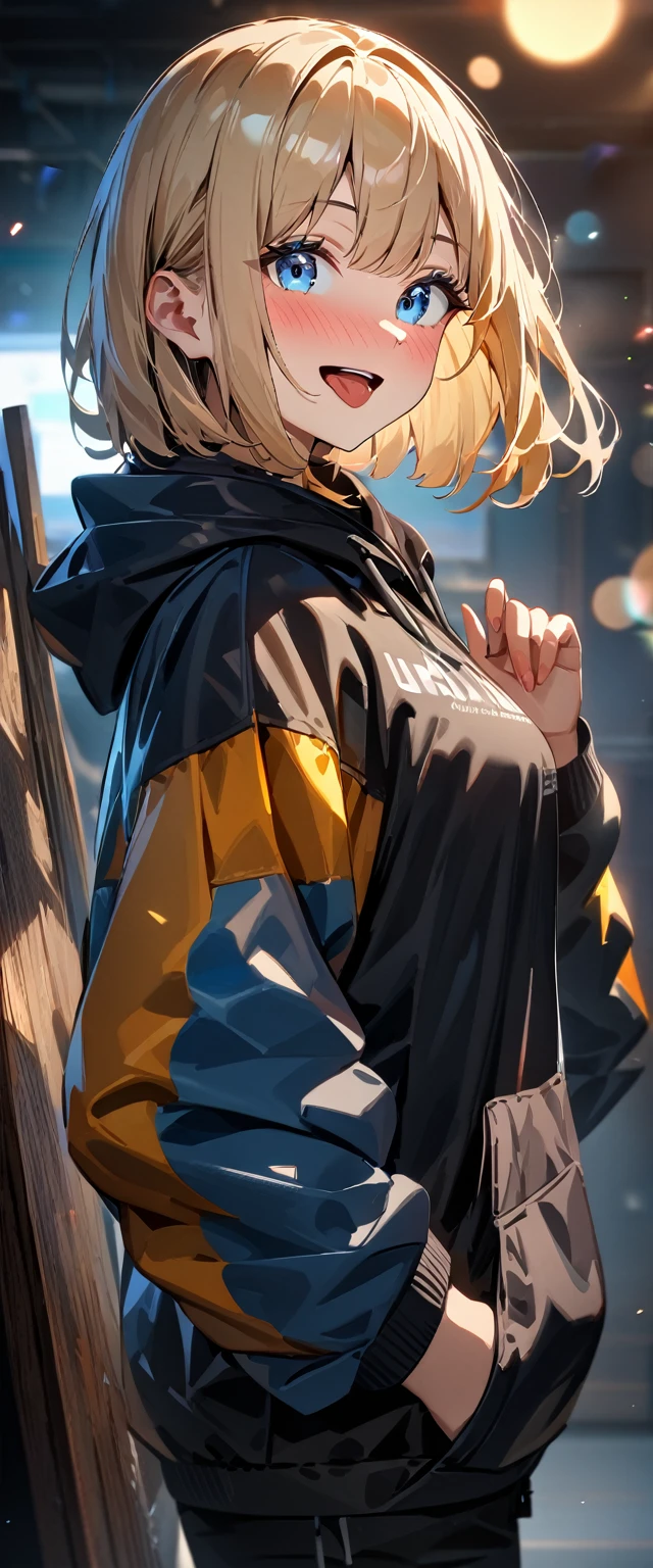 (((One girl))), blond hair, bob cut, (upper body), (looking at viewer), breasts, teenager, head tilt:1.3, (((blue eye))), (from side), hand in pocket, ((happy smile)), ((full face blush)), tongue out:1.3, open mouth, black hoodie, black shorts, anime style, (best quality, 4k, 8k, highres, masterpiece:1.2, ultra-detailed, ultra-detailed eyes, HDR, UHD, studio lighting, ultra-fine painting, sharp focus, physically-based rendering, extreme detail description, professional, vivid colors, bokeh)