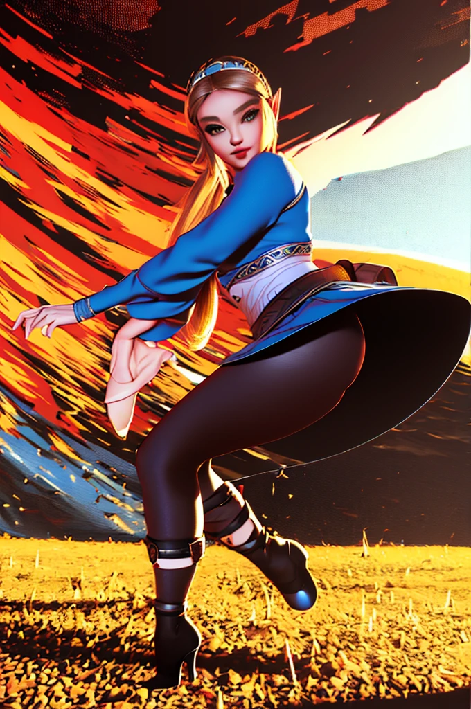 a young elf woman in ultra high definition (uhd), en position debout, with a mini skirt and elegant ankle boots