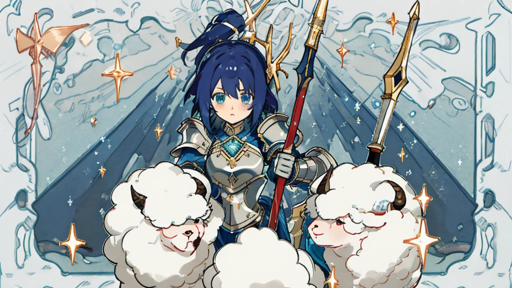 a minecraft background showing mountains and a dungeon. In the middle, a minecraft avatar with bright blue diamond armor in heroic pose, Looking forward. In a corner, a trapped pink sheep, with an expression of concern. Add glitter and sparkles to the armor, and arrows that guide the eye towards the sheep. Includes light and shadow effects for depth, with luminous borders around the avatar and sheep to stand out.