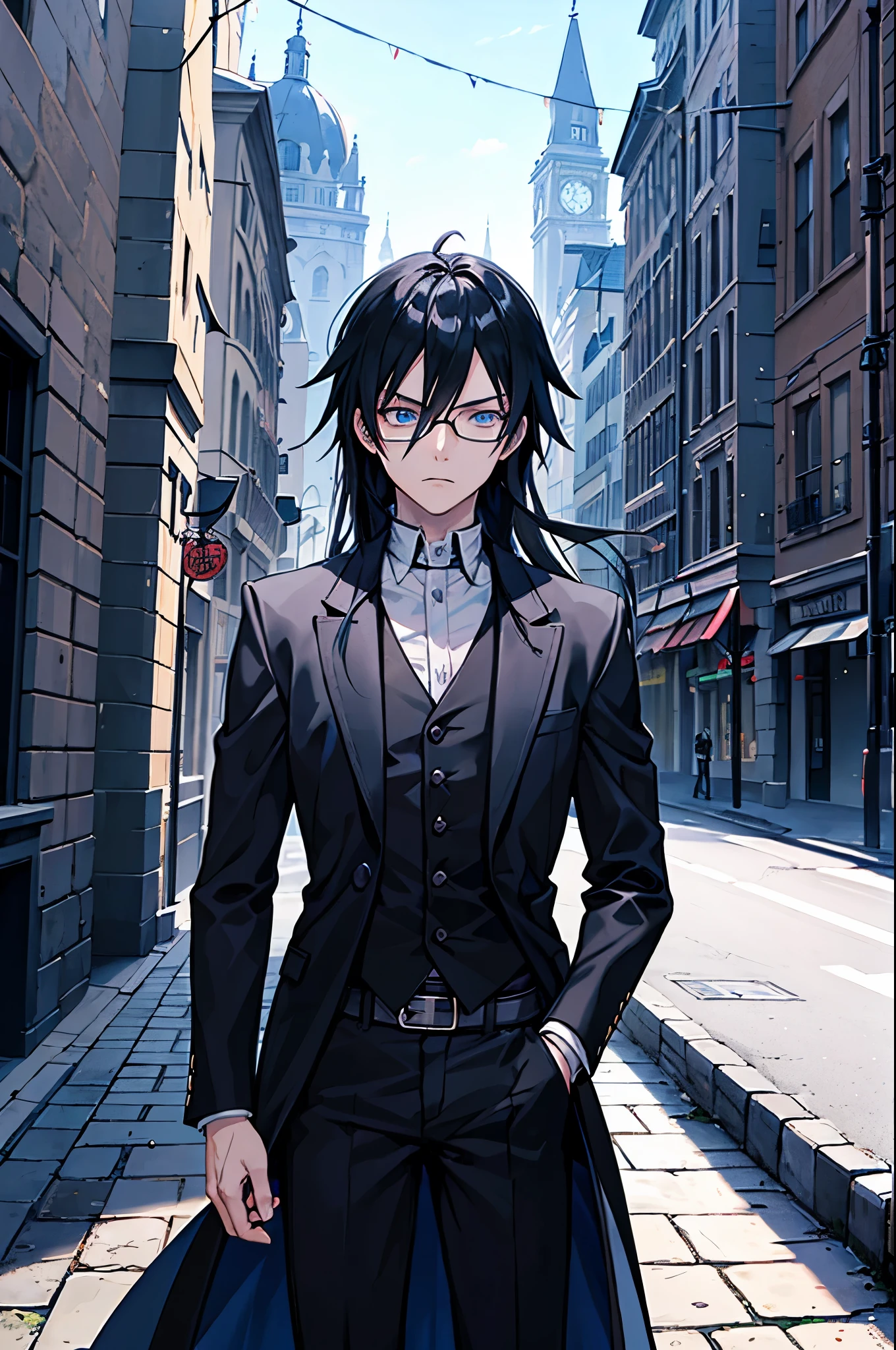 young man, magician, long black hair, blue eyes, wears glasses, wears black magician clothes, hair like Sasuke Uchiha's, cold personality. Manly, medieval city background, adventurous magician.