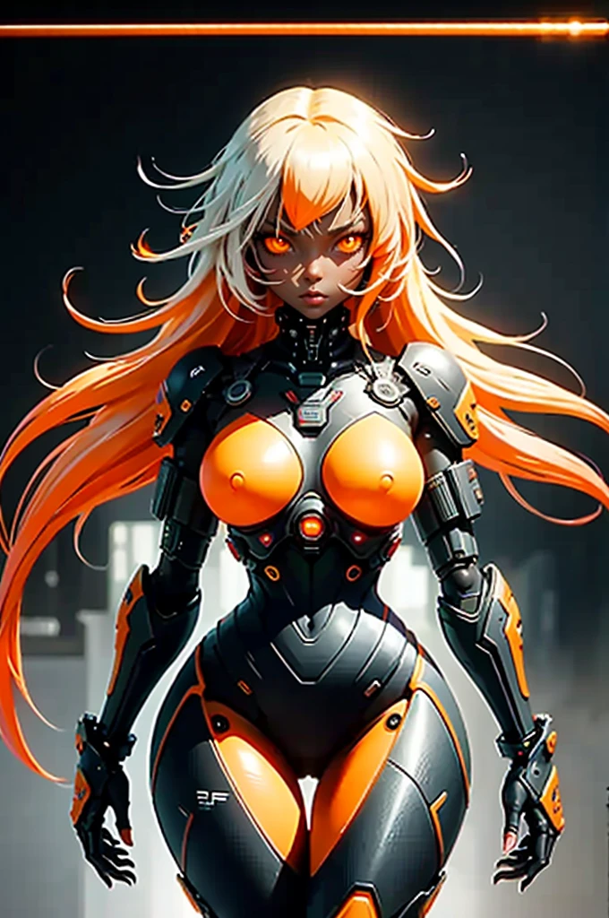 (sfw), intricate details, 1girl, dark ebony skin, night, (bright neon colors), ((flying over futuristic cyberpunk city)), detailed background, (petite cyborg girl, ((cute perfect face, bright glowing red eyes)), (perfect anatomy,  perky breasts), (absurdly long gradient orange and white hair, hair blowing in the wind)), detailed ribbed impossible bodysuit, shoulder armor, cybernetic limbs, dynamic angle,