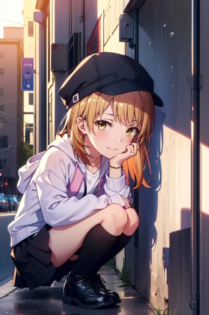 Irohaisshiki, isshiki iroha, Long Hair, Brown Hair, (Brown eyes:1.5), happy smile, smile, Close your mouth,blush,rain,Baseball hats,Pink oversized hoodie,V-neck shirt,mini skirt,Black pantyhose,short boots,Sitting leaning against the wall、,Hiding in a roofed building,whole bodyがイラストに入るように,
break outdoors, Building district,
break looking at viewer,whole body,
break (masterpiece:1.2), Highest quality, High resolution, unity 8k wallpaper, (figure:0.8), (Beautiful attention to detail:1.6), Highly detailed face, Perfect lighting, Highly detailed CG, (Perfect hands, Perfect Anatomy),