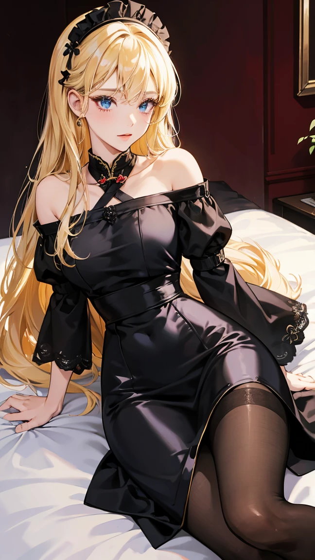 1girl, 30 years old, maid, black chinese dress, off-the-shoulder, blonde hair, long hair, blonde, blue eyes, black pantyhose, sexy, seductiv