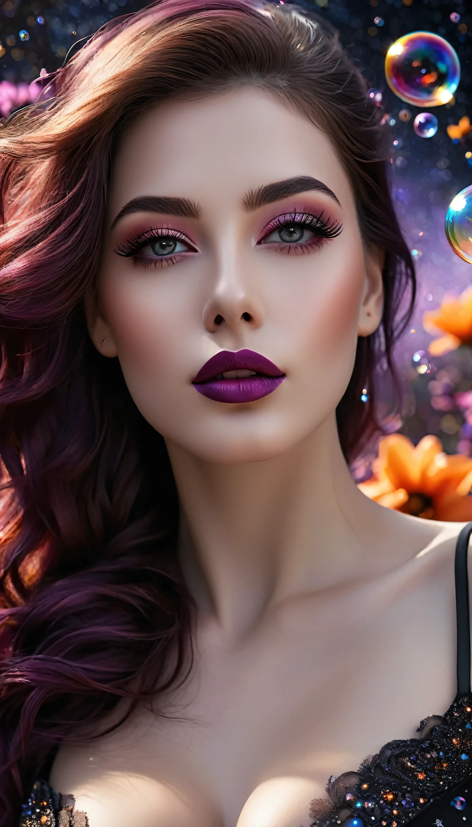 photorealistic Realism 16K Quality: ((Hyper details realistic black_eyes:1.25)), ((finely details pupils:1.3)), Perfect makeup, ((detailed symmetrical lips:1.3)), ((V-line jaw)), pink_lipstick:1.3, (Hyper detailed eyelashes), ((perfect dark_eyeshadows:1.25)), (Detailed nose:1.2), (perfect composition), ((pale skin)), (dry skin), Fantasy, Artistic, actively exploring a world filled with dark shades of black, grey, orange, maroon, burgundy, and lavender, High-definition portrait upper body to waist shot centered on her highly detailed beautiful (firm and full breasts),, amidst a setting rich in details like stars, galaxies, colorful bubbles, and petals, all enhanced by iridescence and glittering wind carrying pollen, 32K resolution, intricate, elegant, highly detailed, majestic, digital photography, ((wide shot)),