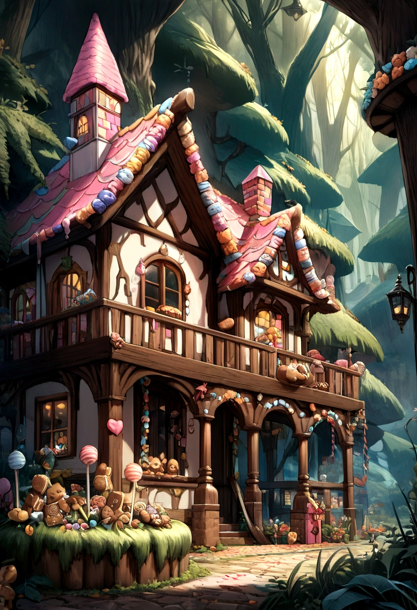 [
    "(Award-winning masterpiece:1.5), (incredible detail), (hyper realistic:1.4), (gingerbread house:1.7), (candy house from Hansel and Gretel), (detailed candy decorations), (colorful and whimsical), (chocolate roof), (gumdrop shingles), (lollipop garden), (candy cane pillars), (frosting icicles), (licorice window frames), (gummy bear pathway), (marshmallow chimney), (peppermint swirl door), (jellybean cobblestones), (cookie windowsills), (detailed and intricate:1.1), (fantasy setting), (bright and vibrant colors), (high quality, high saturation, high detail), (candy scattered across the ground), (candy sprinkles like autumn leaves), (sugar-coated trees), (candy floss hanging like moss), (sugar crystal flowers), (candied fruits on bushes), (chocolate river nearby), (fantasy forest), (storybook illustration)"
]