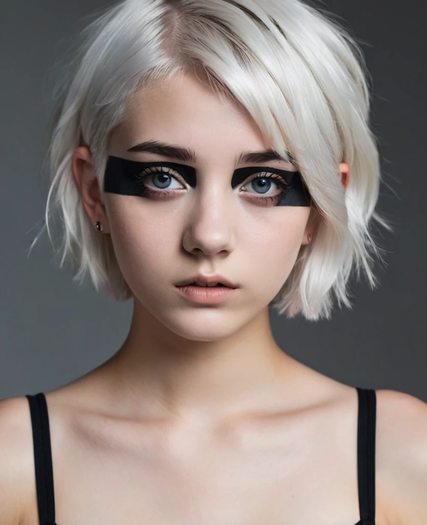 Teenage girl, Short White Hair, dark, empty eyes with dark circles, with black stripe tattoos on the body, new, with a face of fear, new.