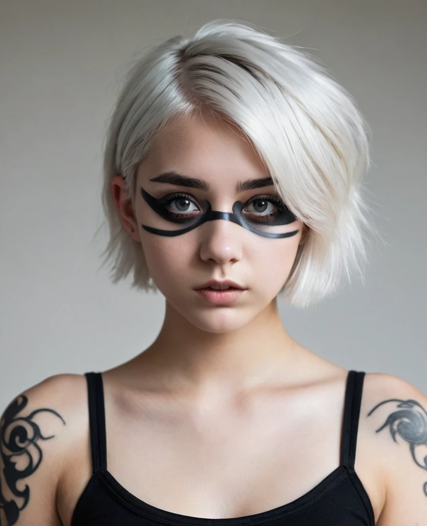 Teenage girl, Short White Hair, dark, empty eyes with dark circles, with black stripe tattoos on the body, new, with a face of fear, new.