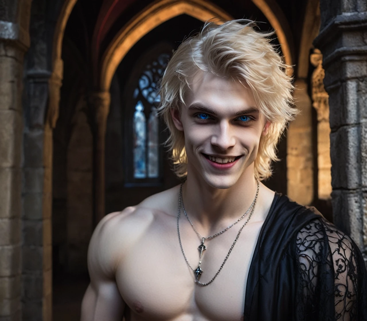 Muscular vampire boy, smiling mischievously revealing fangs, pale skin, blue eyes, medium blond hair, half naked, in a dark gothic castle