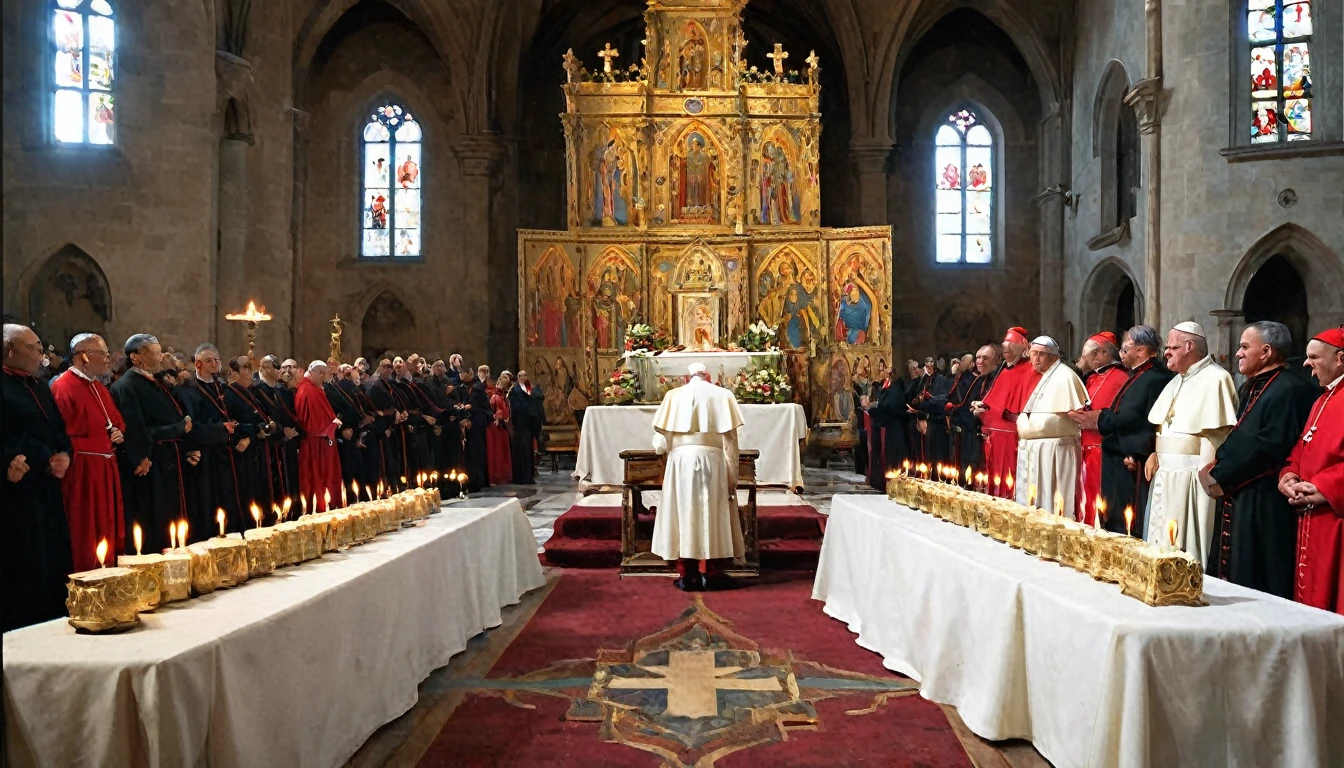 An altar in a church with medieval decorations, where the popes and cardinals are meeting in council. In the center, the pope in an attitude of mediation, flanked by cardinals. On the sides, soldiers and representatives of both sides (France and England) in positions of conflict or negotiation. The altar is adorned with lit candles, golden crosses and talismans scattered around. The church is decorated with intricate architectural details and colorful stained glass windows that let in soft light. The expression of the characters reflects the tension of the moment, with the pope trying to keep the peace and the soldiers and representatives showing determination and distrust. The atmosphere is solemn and loaded with expectations, capturing a crucial moment of mediation and diplomacy in the Middle Ages., Hyperrealism, Impressionism, wide shot, UHD, retina, masterpiece, accurate, anatomically correct, textured skin, super detail, award winning, 8k
