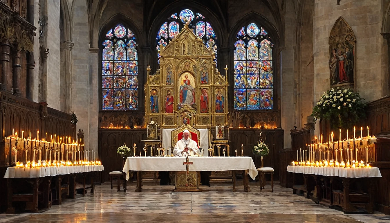 An altar in a church with medieval decorations, where the popes and cardinals are meeting in council. In the center, the pope in an attitude of mediation, flanked by cardinals. On the sides, soldiers and representatives of both sides (France and England) in positions of conflict or negotiation. The altar is adorned with lit candles, golden crosses and talismans scattered around. The church is decorated with intricate architectural details and colorful stained glass windows that let in soft light. The expression of the characters reflects the tension of the moment, with the pope trying to keep the peace and the soldiers and representatives showing determination and distrust. The atmosphere is solemn and loaded with expectations, capturing a crucial moment of mediation and diplomacy in the Middle Ages., Hyperrealism, Impressionism, wide shot, UHD, retina, masterpiece, accurate, anatomically correct, textured skin, super detail, award winning, 8k